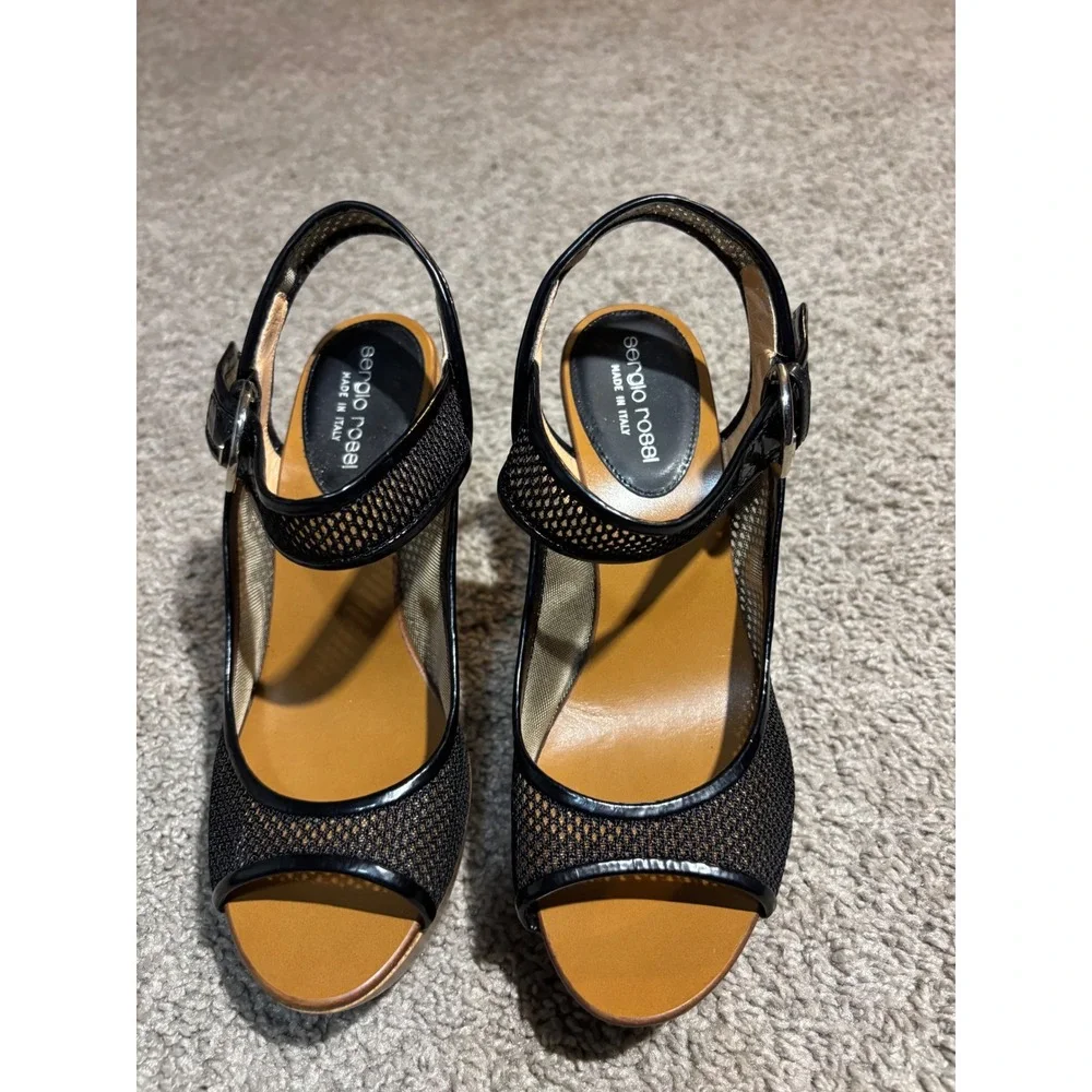 Sergio Rossi Black Mesh Patent Leather Wedge Sandals AT3907 Nero 36.5